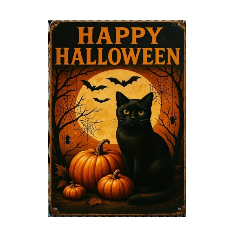 8x12 Black Cat & Pumpkin Metal Sign – Vintage Halloween Tin Wall Art for Spooky Season Lovers || Tin & Time Co. #C0500