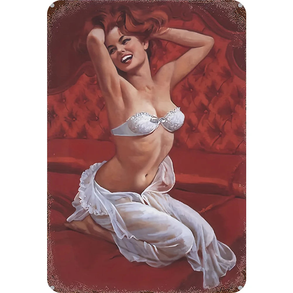 8x12 Pin-Up Girl Metal Sign – Retro Tin Wall Art for Garage & Bar Decor | Tin & Time Co. #3034
