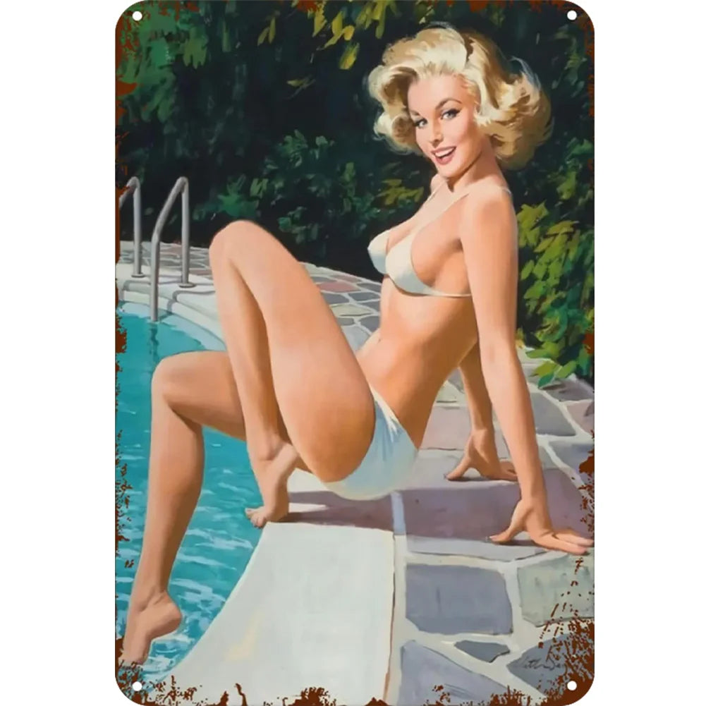 8x12 Pin-Up Girl Metal Sign – Retro Tin Wall Art for Garage & Bar Decor | Tin & Time Co. #3036
