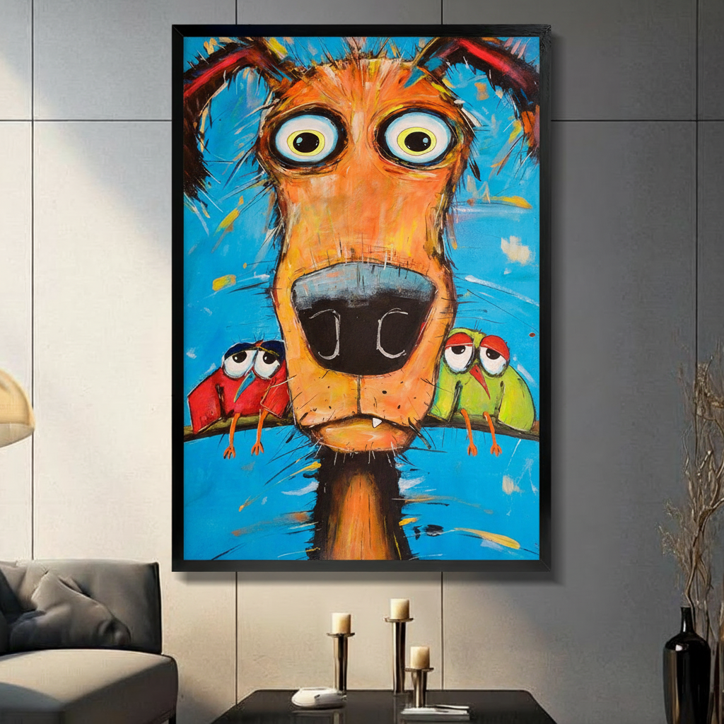 Goofy Dog with Parrots Canvas Wall Art | Impasto Decor – Wallcow Goofy Dog with Parrots Canvas Wall Art | Impasto Decor – Wallcow