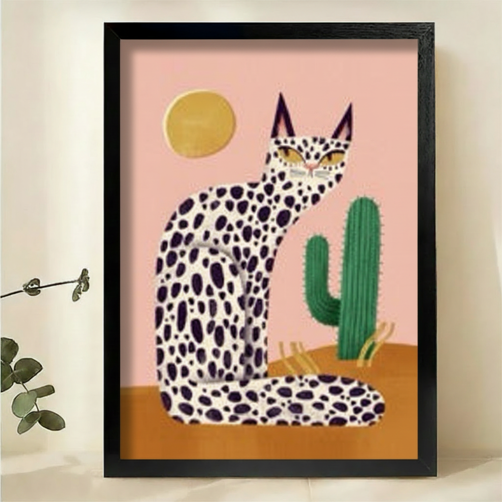 Leopard Print Cat Cactus Art Print  Modern Boho Canvas Wall Decor  Wallcow