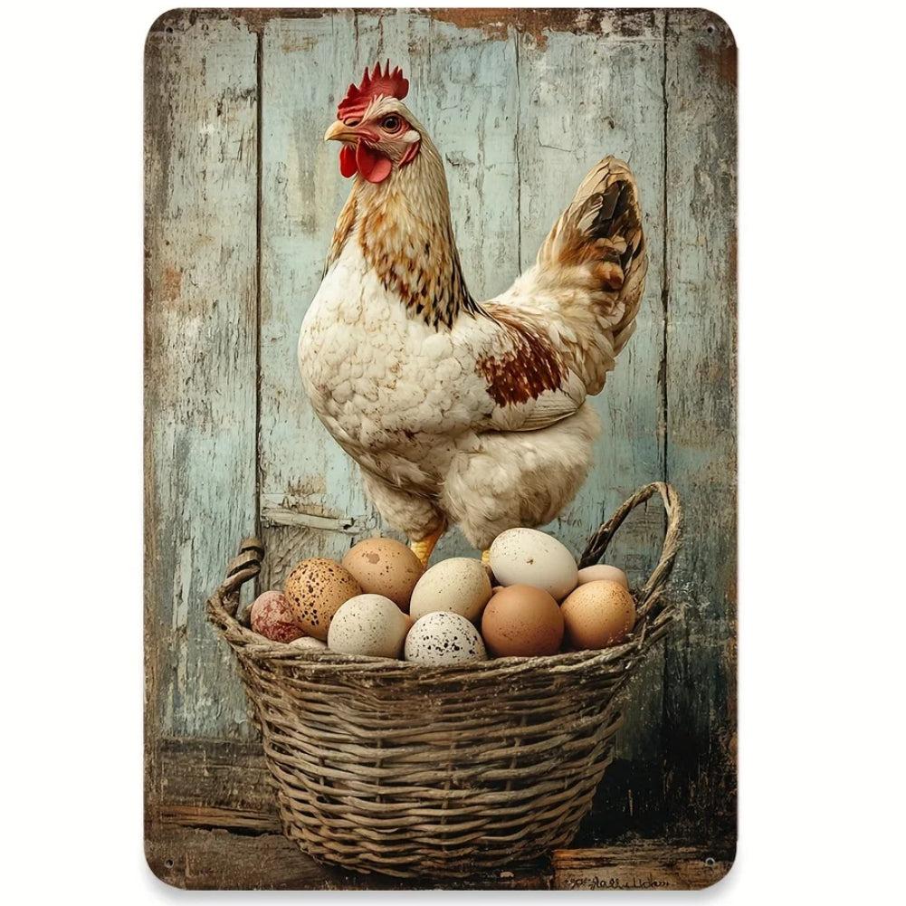 8x12 Cute Chicken Metal Sign – Retro Tin Wall Art for Chicken Lovers & Kitchens | Tin & Time Co. #B027