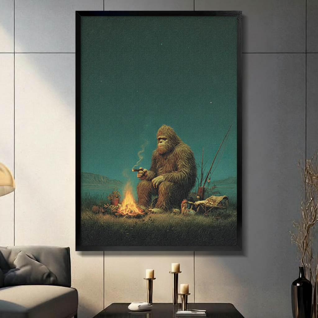 bigfoot with fishing pole Campfire Canvas Wall Art Ridgemonkey Compact CoolaBox 50L Color:White/ Crystal A metal bigfoot with Stunner X Conventional