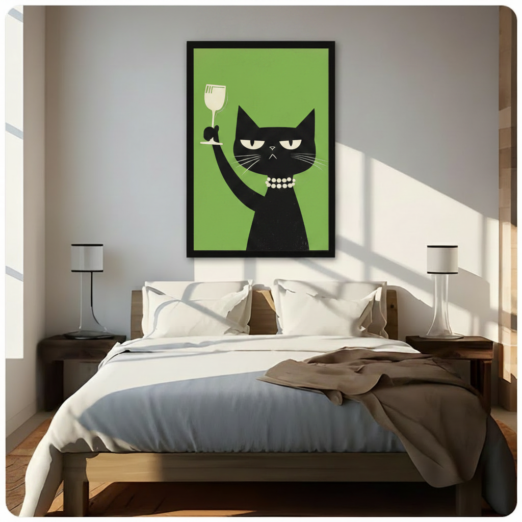 Framed black cat art print with a sassy cat holding a wine glass and wearing a pearl necklace on a green background, hung above a bed in a bright minimalist bedroom