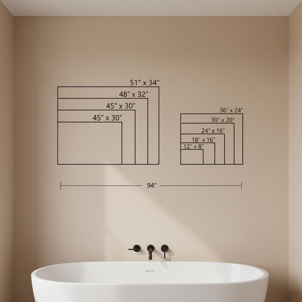 Size guide for dachshund bubble bath canvas wall art – all available sizes from 12x8 to 51x34 inches shown in bathroom setting