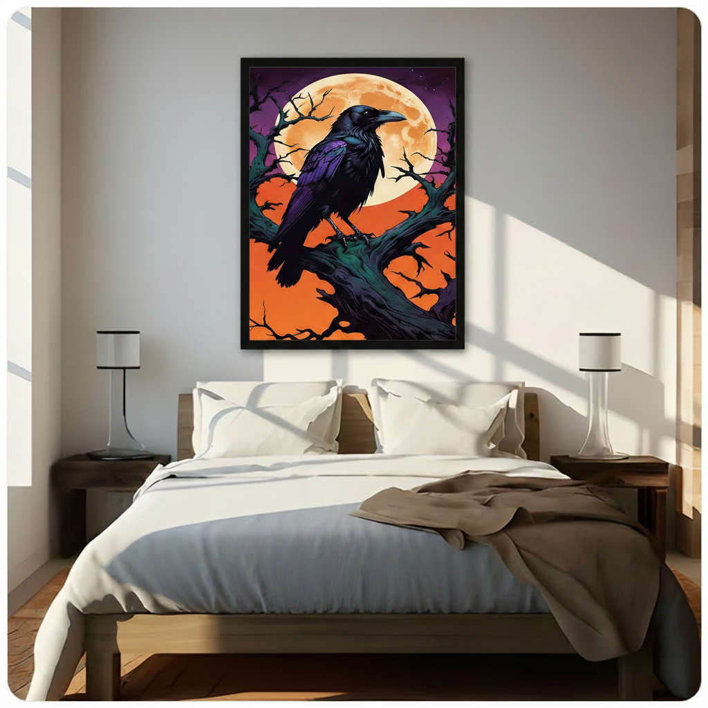 Framed gothic raven wall art of a dark crow on a twisted dead tree beneath a glowing full moon in an orange and purple night sky, hung above a wooden bed in a bright sunlit minimalist bedroom