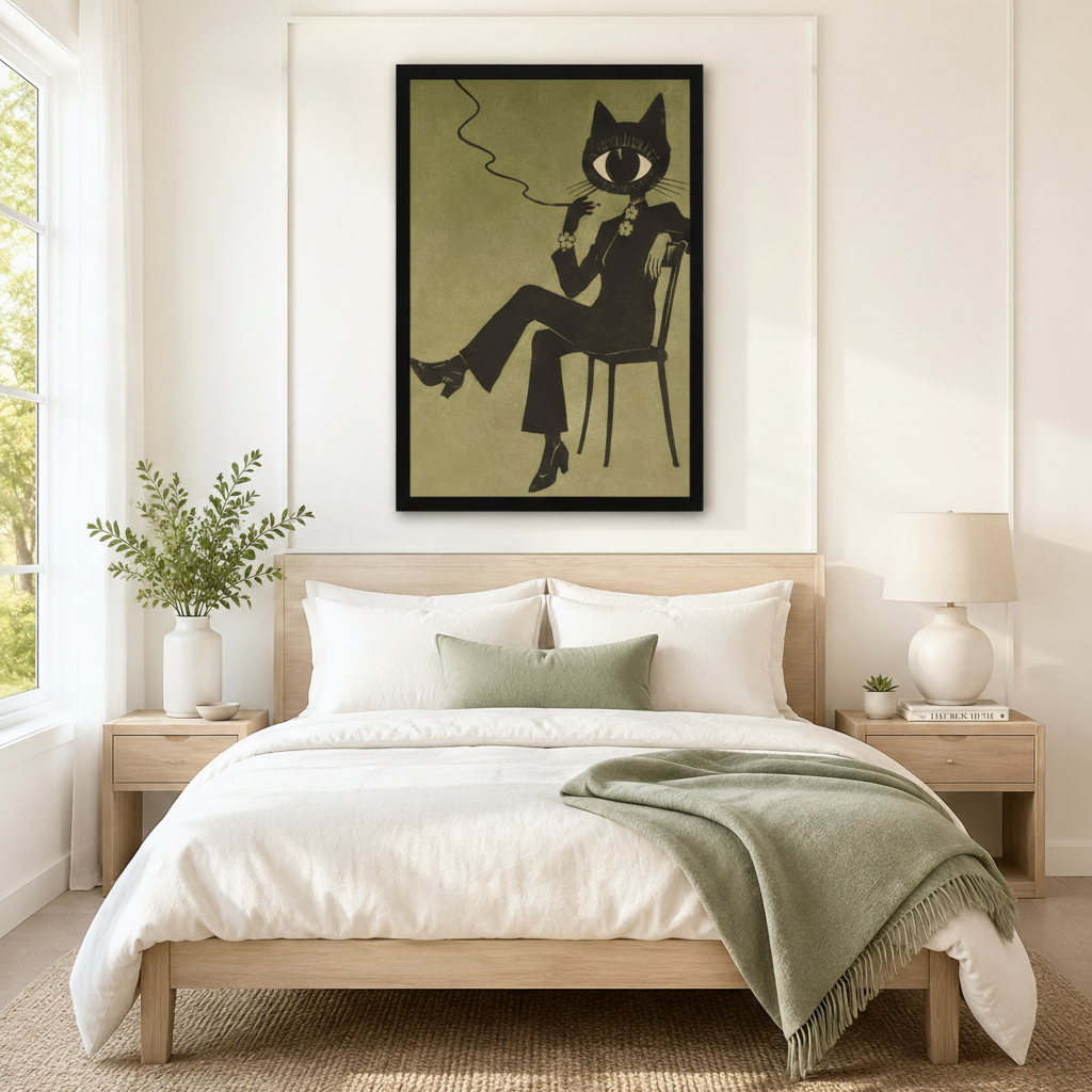 Black framed vintage cat wall art above a wooden bed with white linen bedding, a sage green throw blanket, and matching nightstands in a minimal bedroom