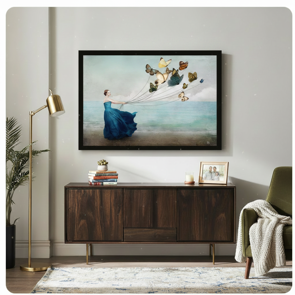 Framed surrealist oil painting elegant woman in flowing blue dress holding strings of colorful butterflies on ocean beach canvas print above dark walnut sideboard on light grey wall - ethereal woman with butterfly flock and soft teal sea wall art with gold floor lamp for modern living room decor