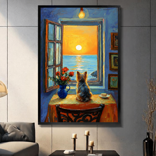 Yorkie Sunset Window Canvas Art for Dog Lovers
