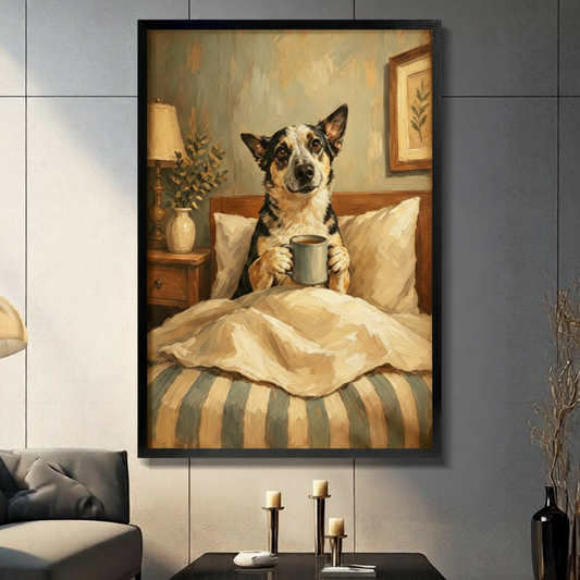 Dog in Bed Wall Art: Funny Coffee Morning Print for Home