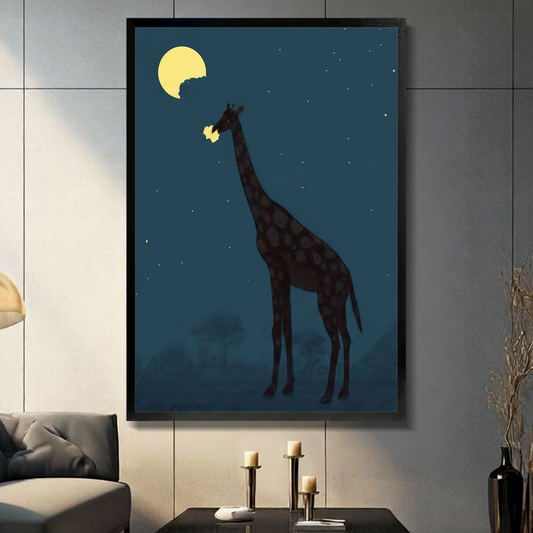 Giraffe eating the moon canvas wall art in black frame displayed in a moody teal living room