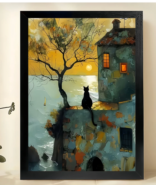 Twilight Town black cat vintage canvas wall art in black frame – impressionist sunset ocean scene