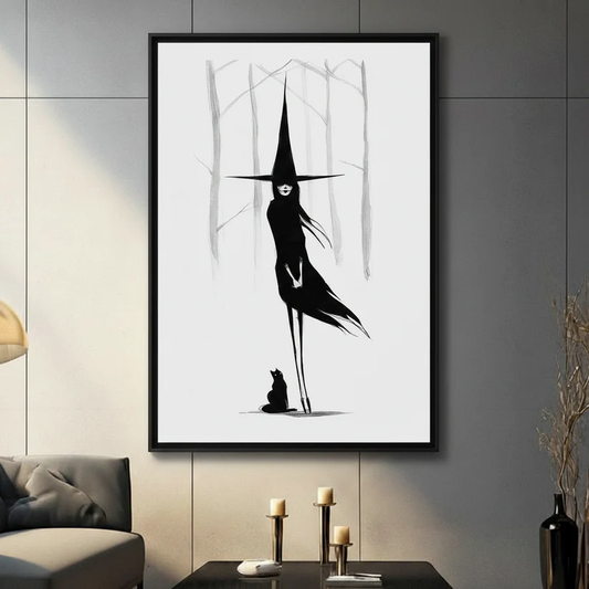 Witch & Black Cat Wall Art – Minimalist Gothic Print