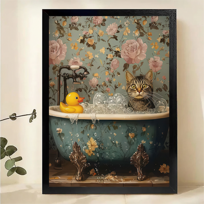 Cat in Vintage Bathtub Canvas Wall Art - Floral Bathroom Decor with Rubber Duck|W1060