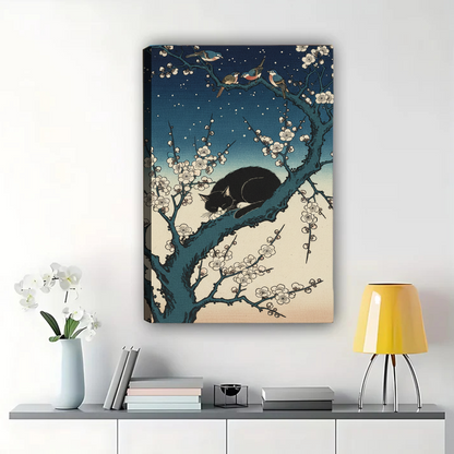 Japanese Cat on Plum Blossom Branch Canvas Wall Art - Ukiyo-e Style with Birds|W1063