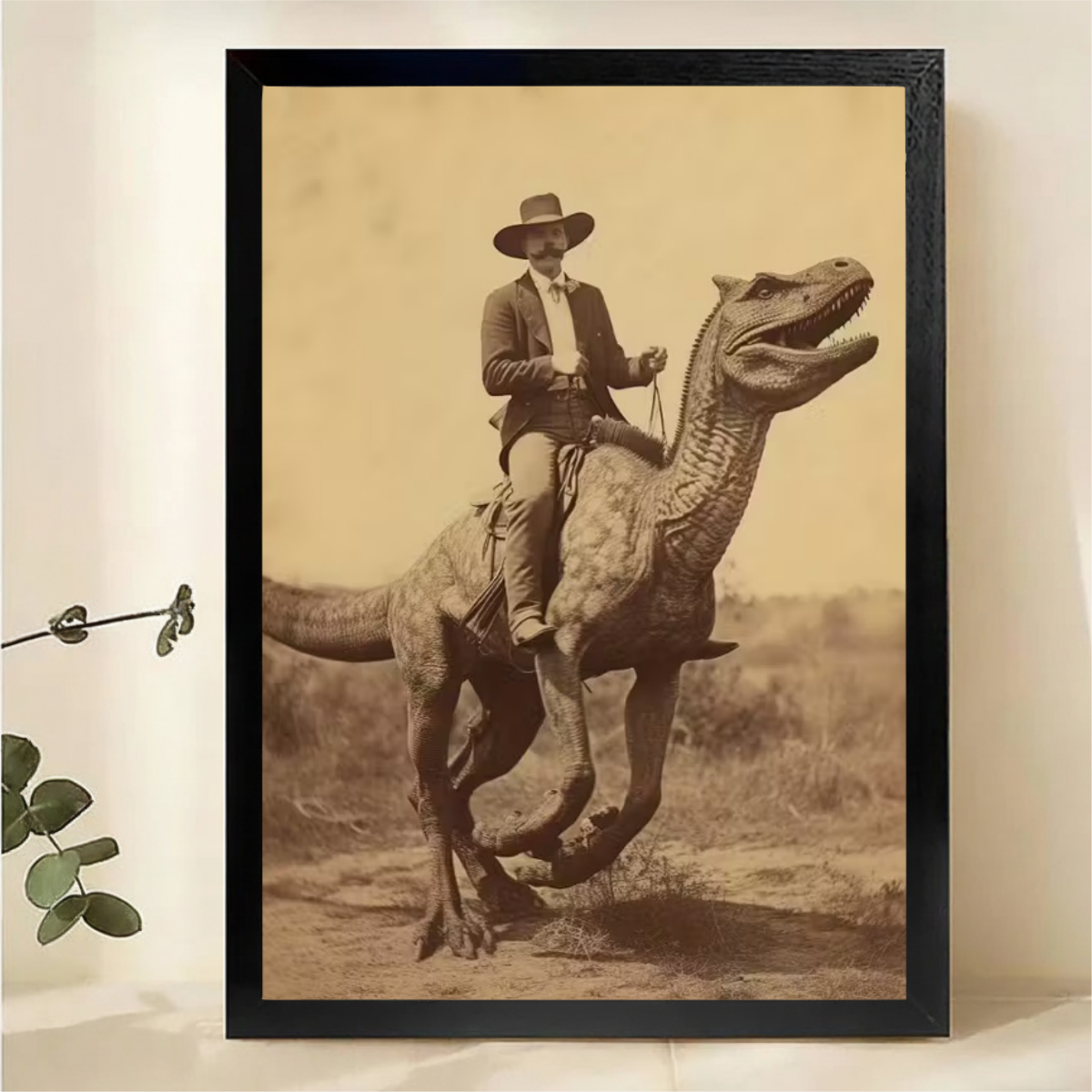 Cowboy Riding Dinosaur Canvas Wall Art - Vintage Western T-Rex Print|W1062