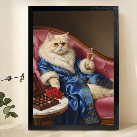 Luxury Persian Cat in Blue Robe Canvas Wall Art - Elegant Animal Portrait with Champagne|W1061