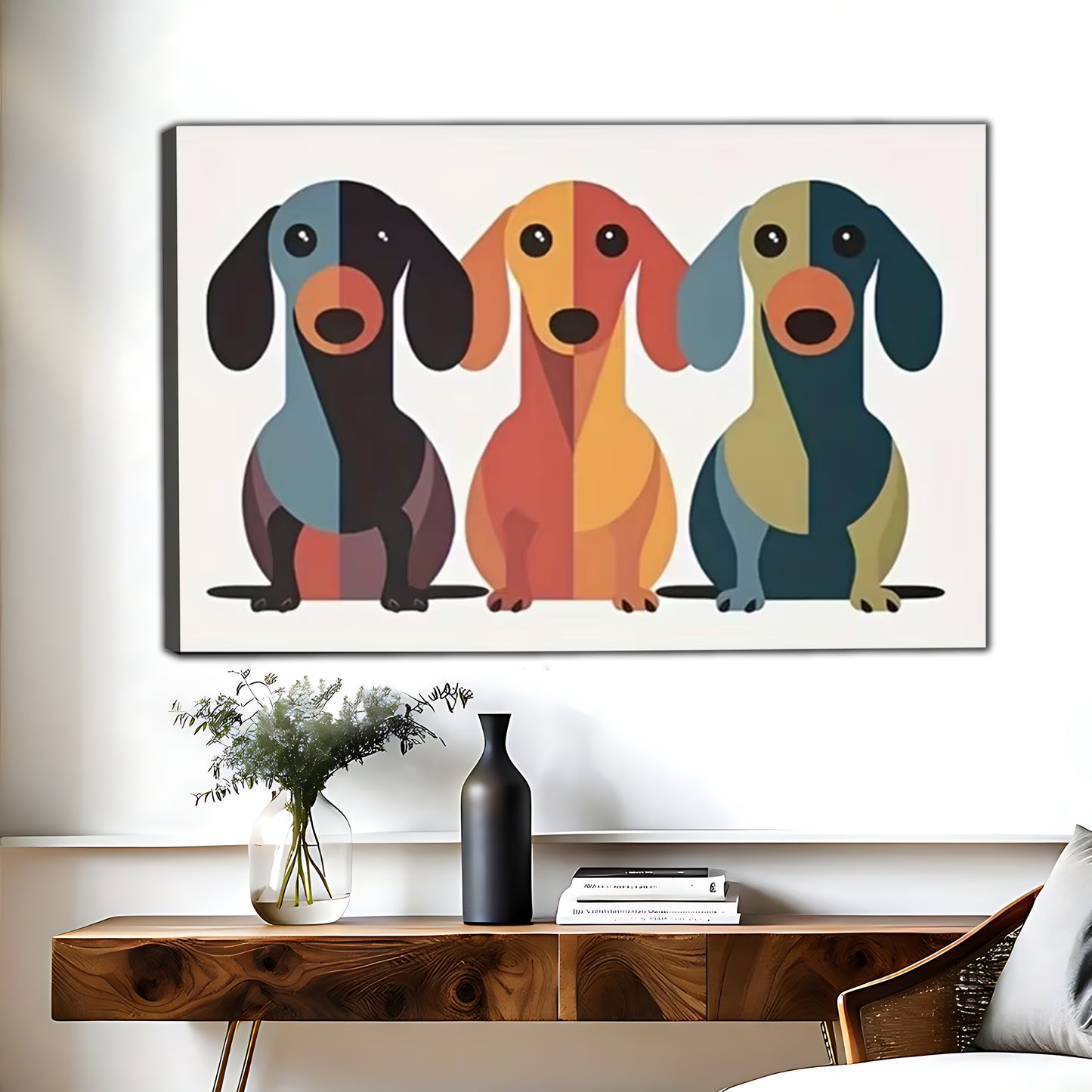 The Playful Puppies – Colorful Dog Wall Art on Natural Wood Grain Canvas | W405