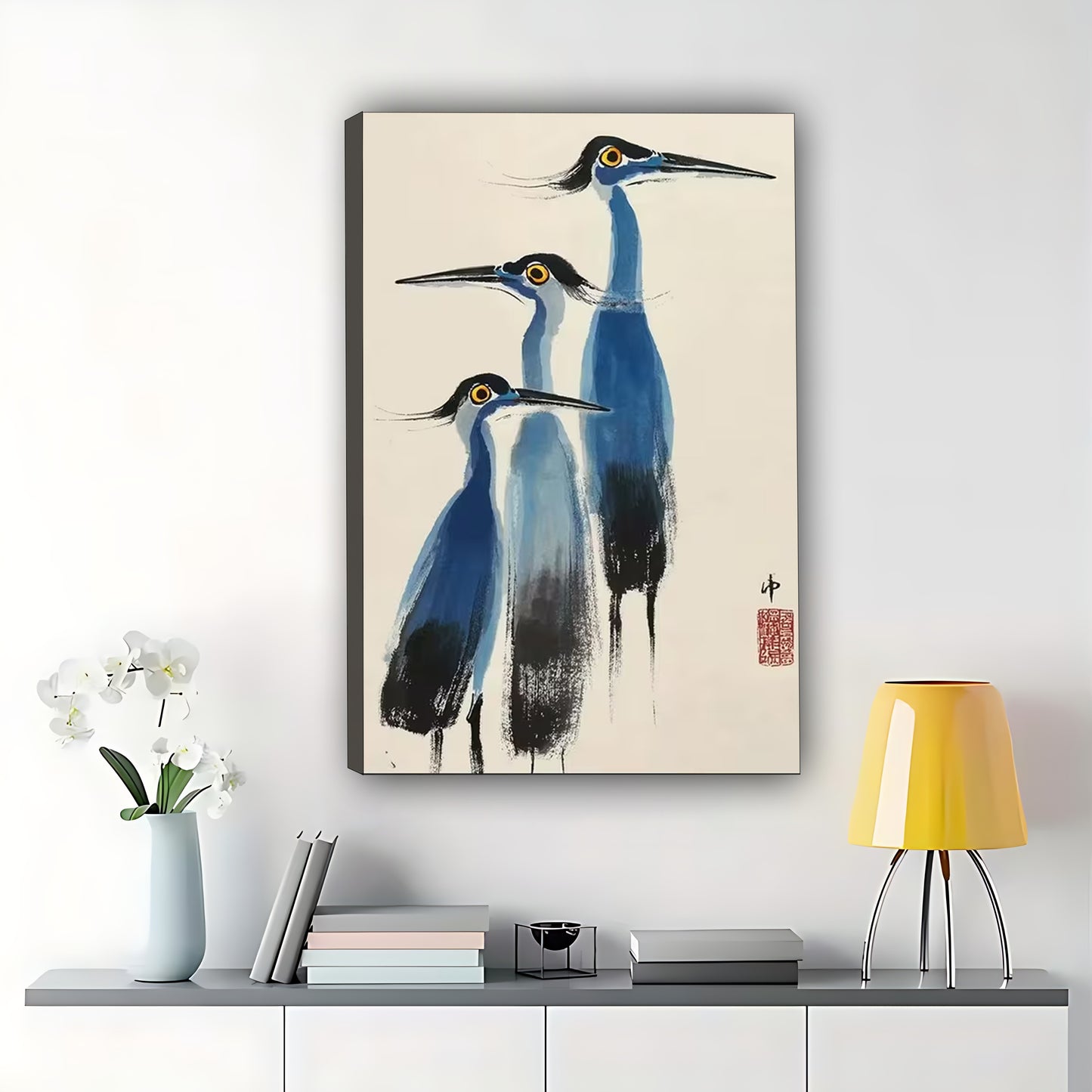 The Ink-Style Blue Crane Trio – Traditional Fine Art Wall Art on Natural Wood Canvas | W551