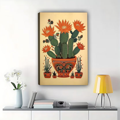 The Vibrant Desert Cactus Garden – Boho Plant Wall Art on Natural Wood Canvas | W552