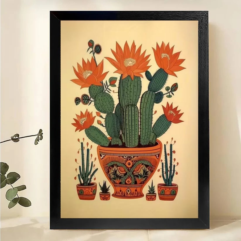 The Vibrant Desert Cactus Garden – Boho Plant Wall Art on Natural Wood Canvas | W552