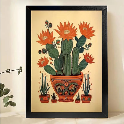 The Vibrant Desert Cactus Garden – Boho Plant Wall Art on Natural Wood Canvas | W552