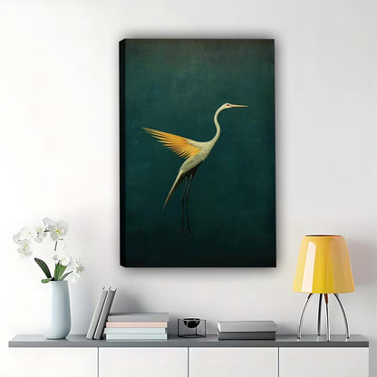 The Elegant Dark-Background Egret – Fine Art Wall Decor on Natural Wood Canvas | W554