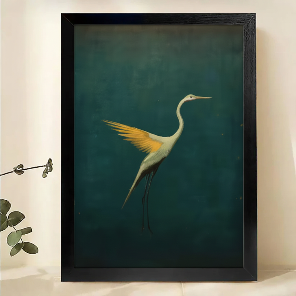 The Elegant Dark-Background Egret – Fine Art Wall Decor on Natural Wood Canvas | W554