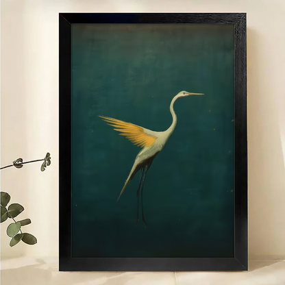 The Elegant Dark-Background Egret – Fine Art Wall Decor on Natural Wood Canvas | W554