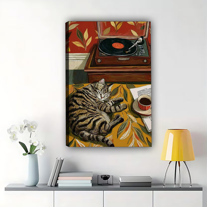 The Vintage Record-Loving Tabby – Retro Pet Wall Art on Natural Wood Canvas| W555