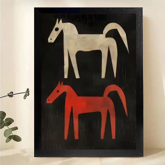 The Minimalist Horse Duo – Modern Abstract Wall Art on Natural Wood Canvas | W549