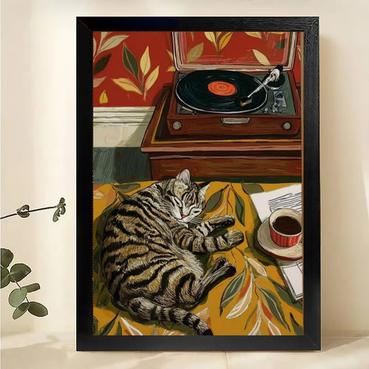 The Vintage Record-Loving Tabby – Retro Pet Wall Art on Natural Wood Canvas| W555