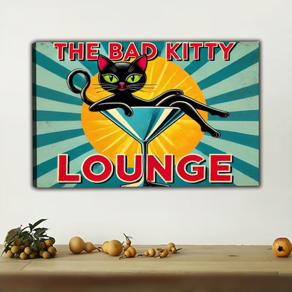 The Bad Kitty Lounge (Accent Edition) – Retro Cat Wall Art on Natural Wood Canvas | W556