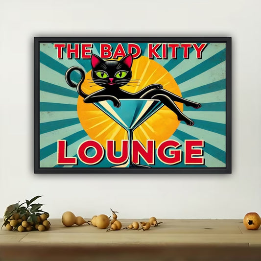 The Bad Kitty Lounge (Accent Edition) – Retro Cat Wall Art on Natural Wood Canvas | W556