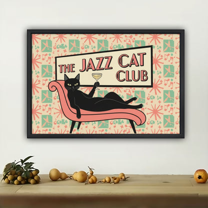 The Jazz Cat Club – Retro Feline Wall Art on Natural Wood Canvas | W557