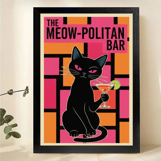 The Meowpolis Tippling Cat – Retro Urban Feline Wall Art on Natural Wood Canvas| W558