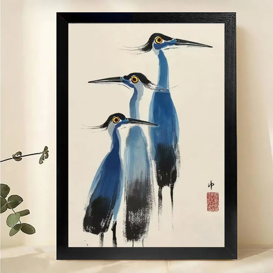 The Ink-Style Blue Crane Trio – Traditional Fine Art Wall Art on Natural Wood Canvas | W551