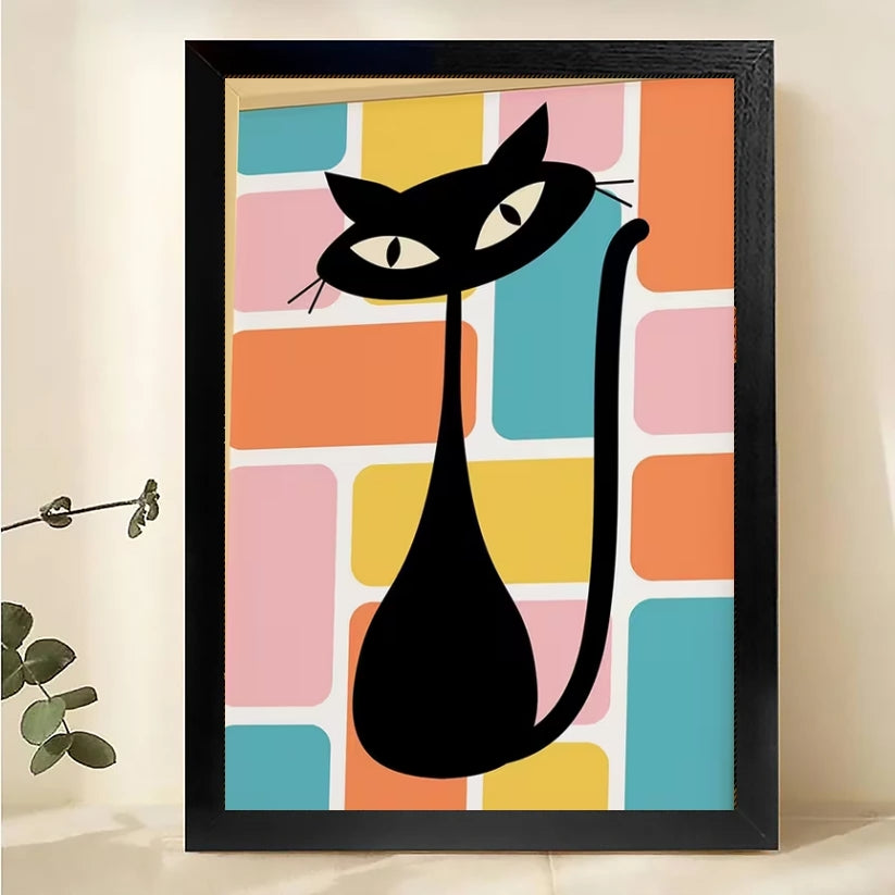 The Bold Geometric Cat – Modern Abstract Wall Art on Natural Wood Canvas|W545