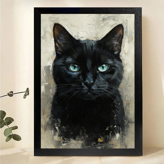 The Sophisticated Black Feline – Oil-Style Realistic Wall Art on Natural Wood Canvas | W547