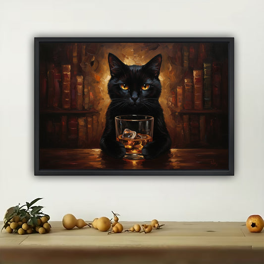 The Whiskey-Sipping Black Cat – Vintage Elegant Wall Art on Natural Wood Canvas | W565