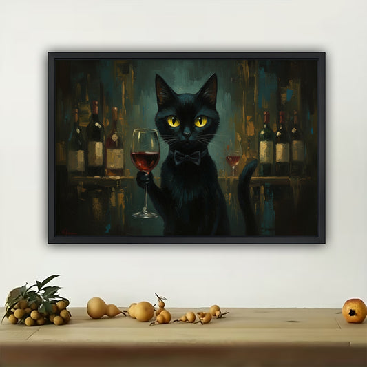 The Bar-Side Red Wine Black Cat – Retro Lounge Wall Art on Natural Wood Canvas | W566