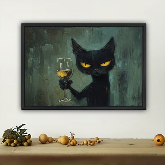 The Champagne-Toting Black Cat – Sophisticated Retro Wall Art on Natural Wood Canvas | W567