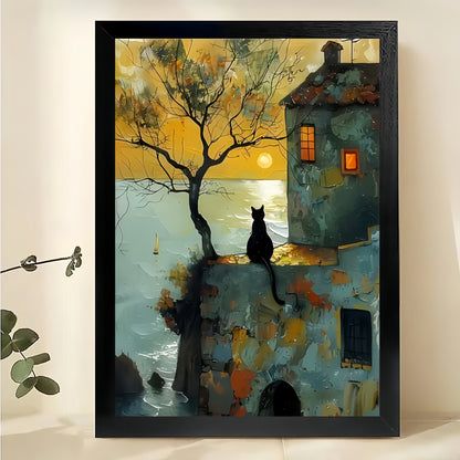 The Twilight Town Black Cat – Vintage Whimsical Wall Art on Natural Wood Canvas | W588