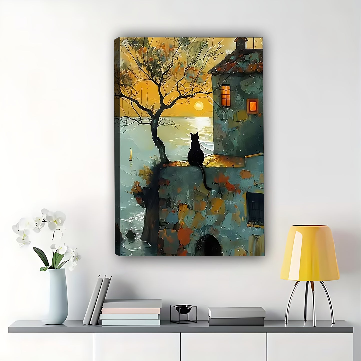 The Twilight Town Black Cat – Vintage Whimsical Wall Art on Natural Wood Canvas | W588