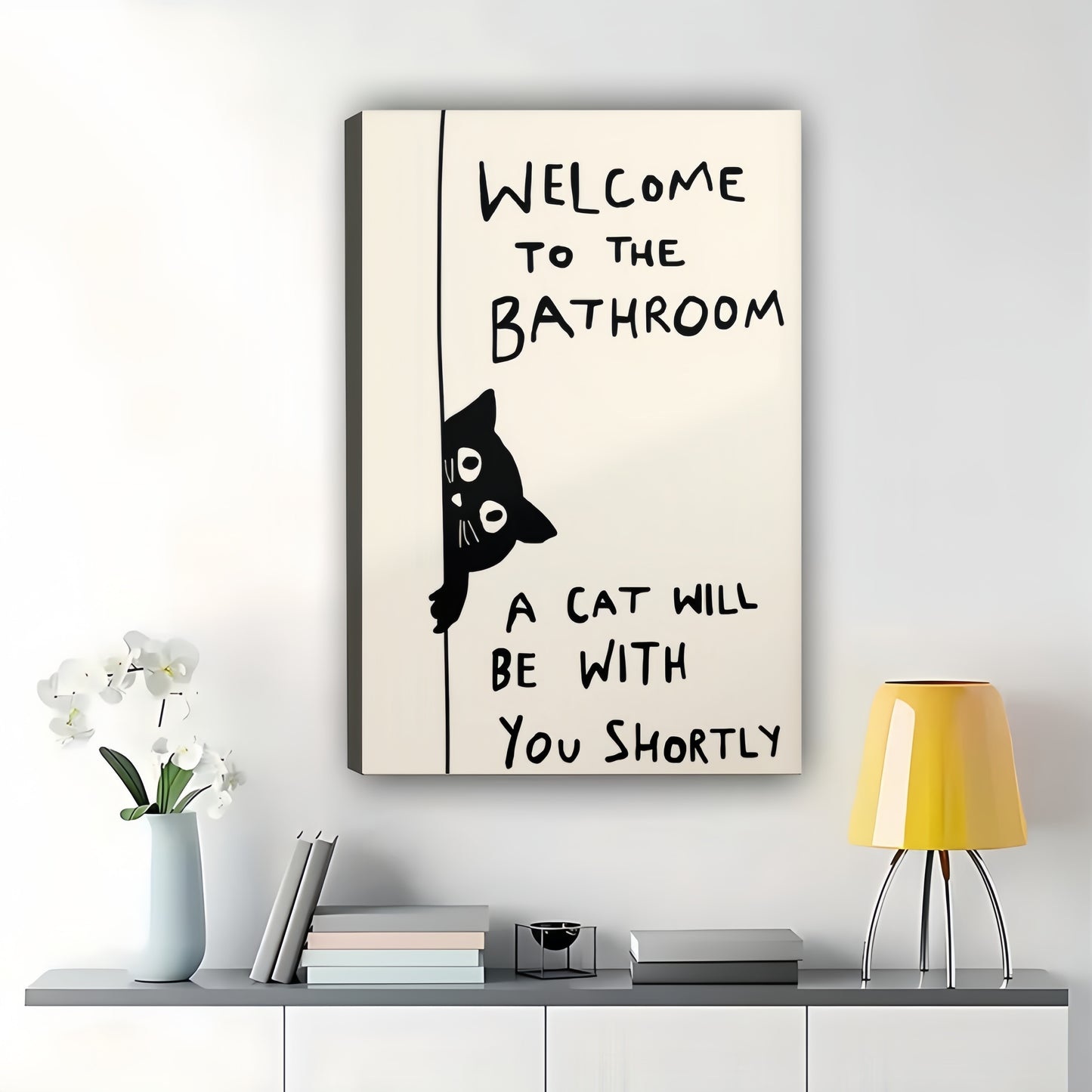Welcome to the Bathroom Funny Black Cat Wall Art Whimsical Cat Lover Bathroom Decor | W829