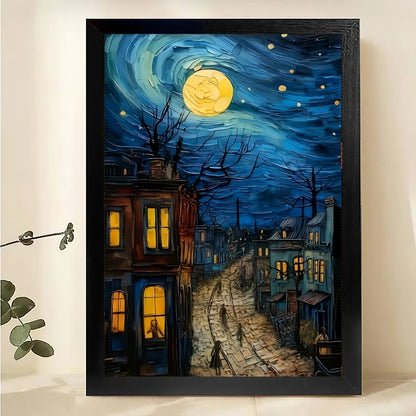 The Starry Night Village – Artistic Retro Wall Art on Natural Wood Canvas | W589