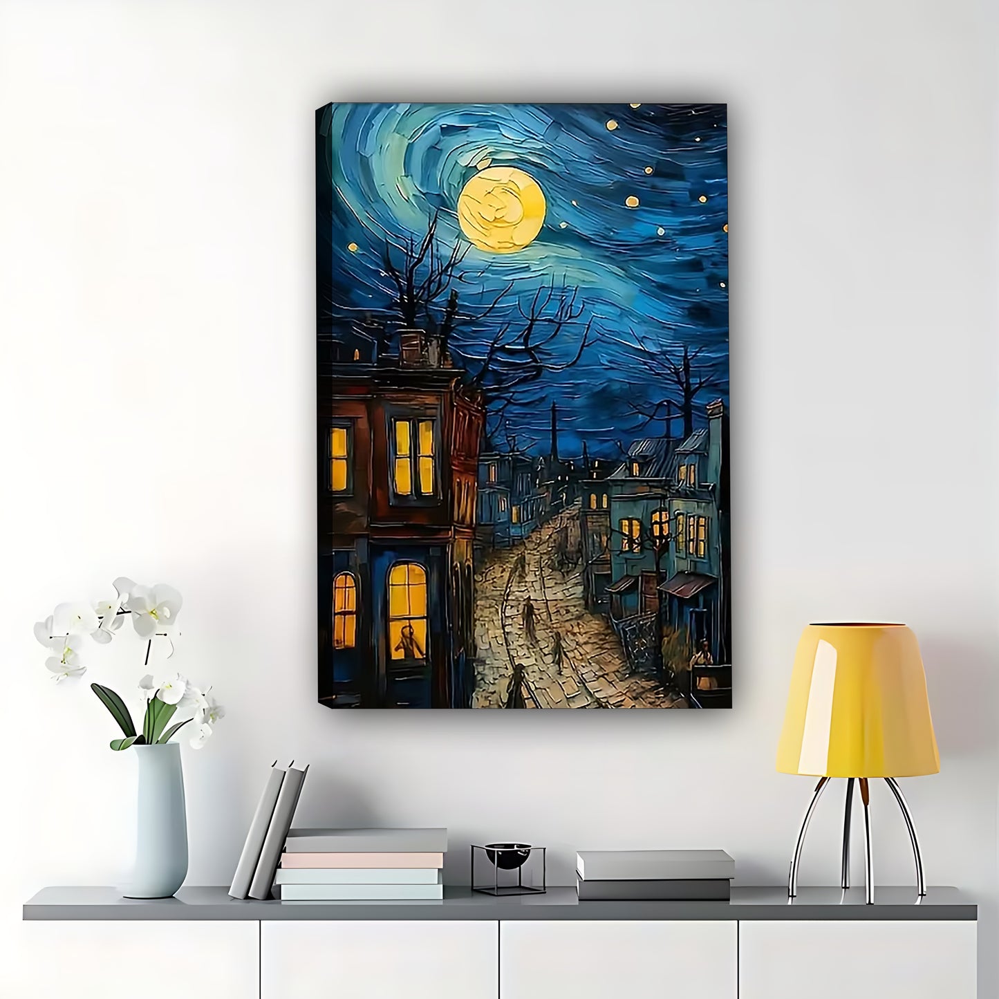 The Starry Night Village – Artistic Retro Wall Art on Natural Wood Canvas | W589