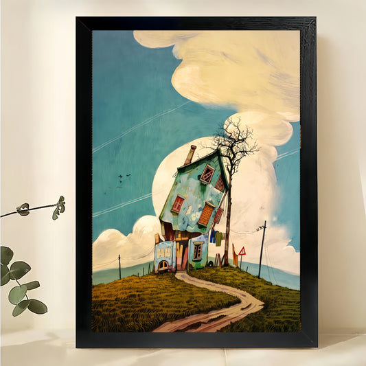 The Whimsical Crooked Cottage – Fairy-Tale Wall Art on Natural Wood Canvas | W590