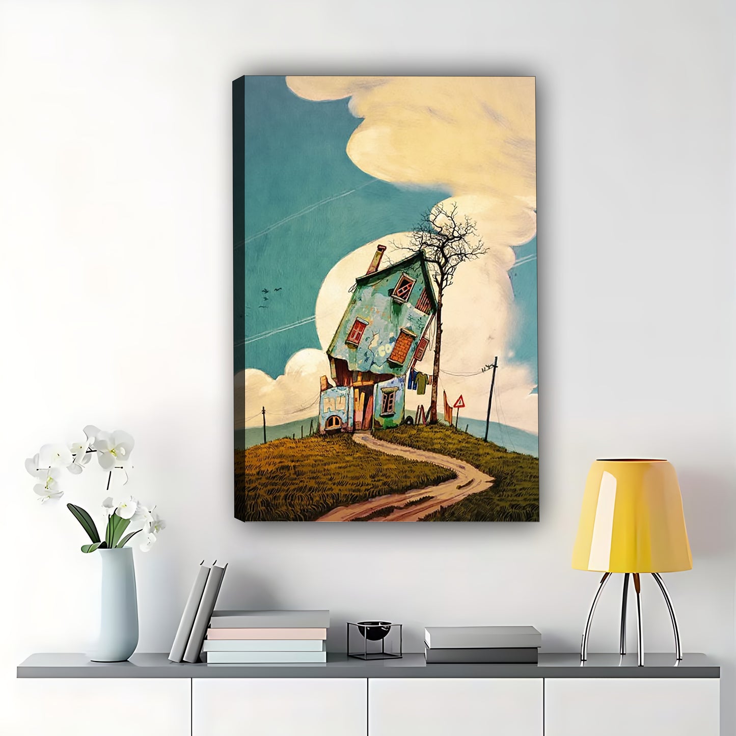 The Whimsical Crooked Cottage – Fairy-Tale Wall Art on Natural Wood Canvas | W590