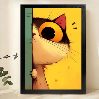 The Peeking Cartoon Cat – Playful Quirky Wall Art on Natural Wood Canvas | W591